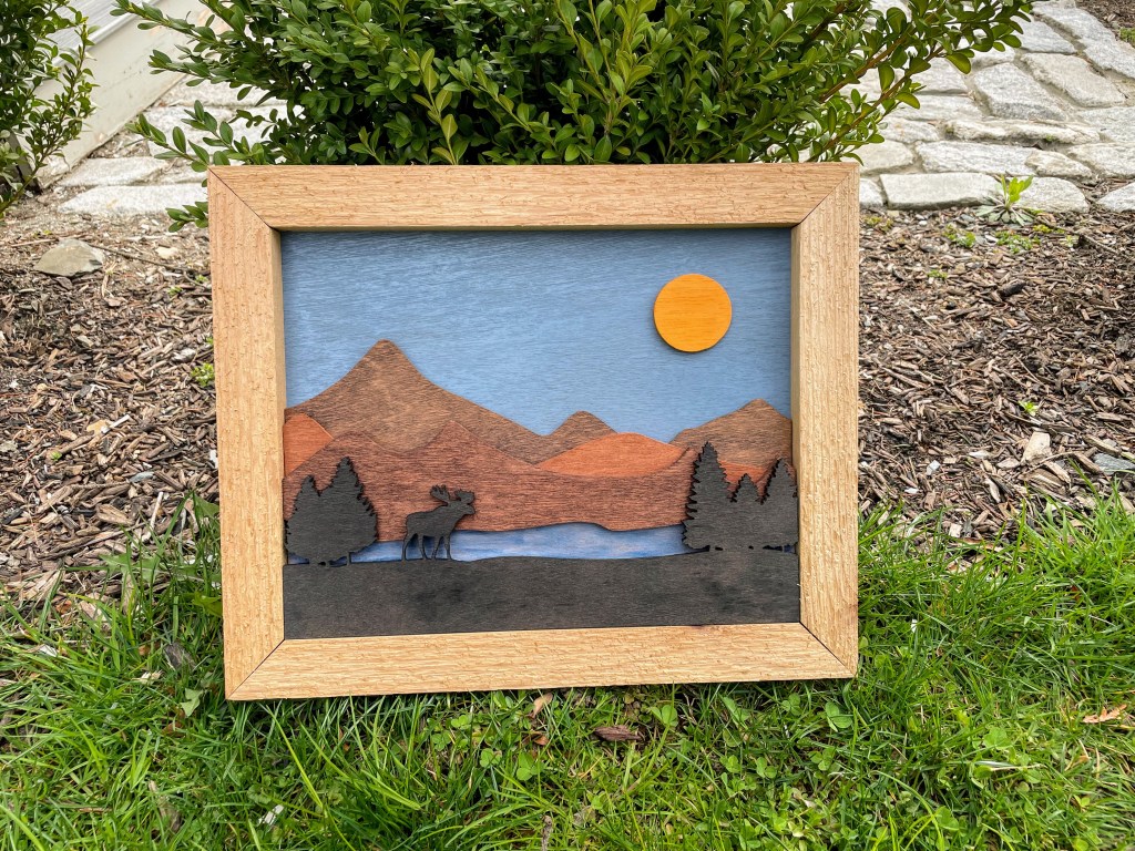 3D scenic mountain picture made of wood